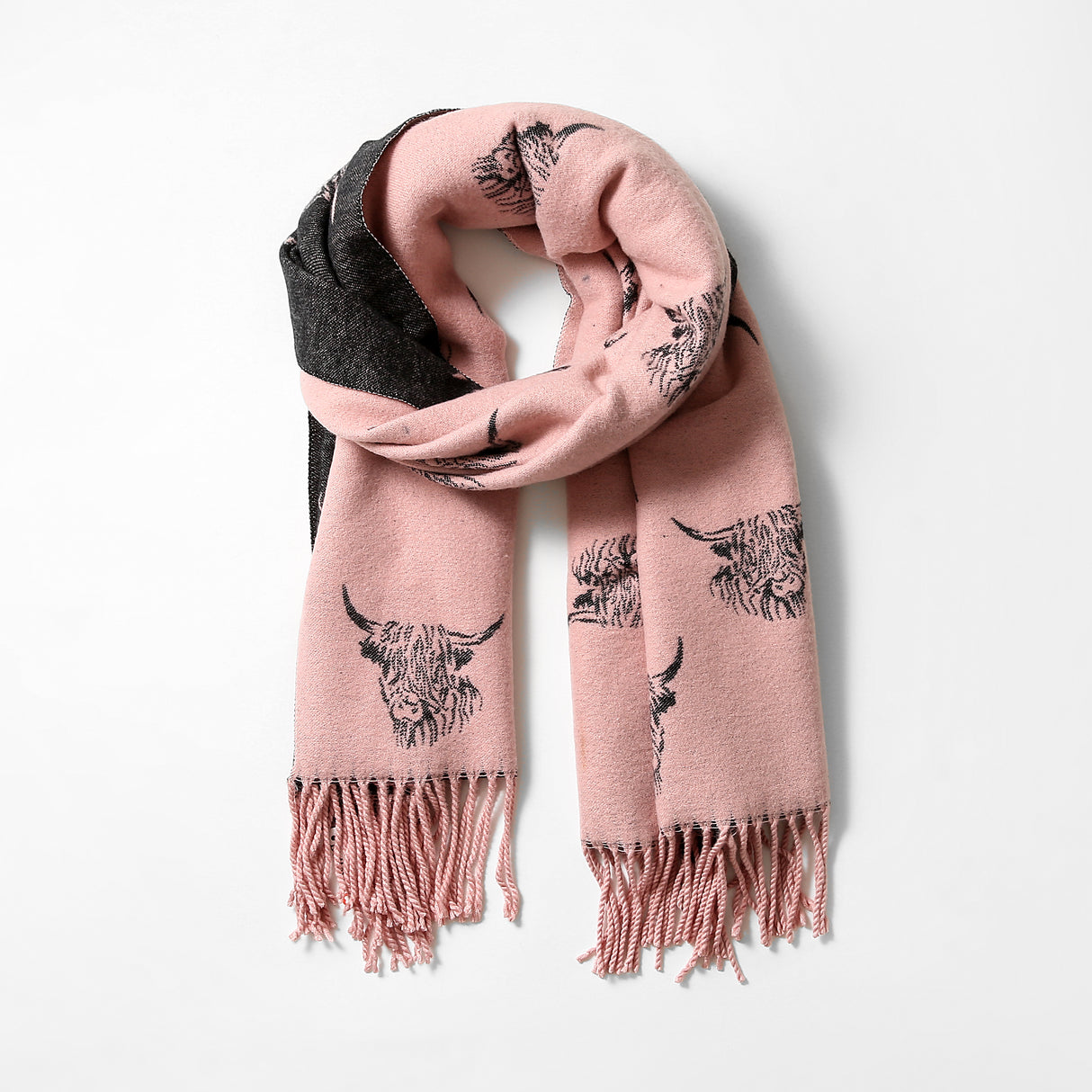 Black / Pink Cashmere Blend Reversible Highland Cow scarf