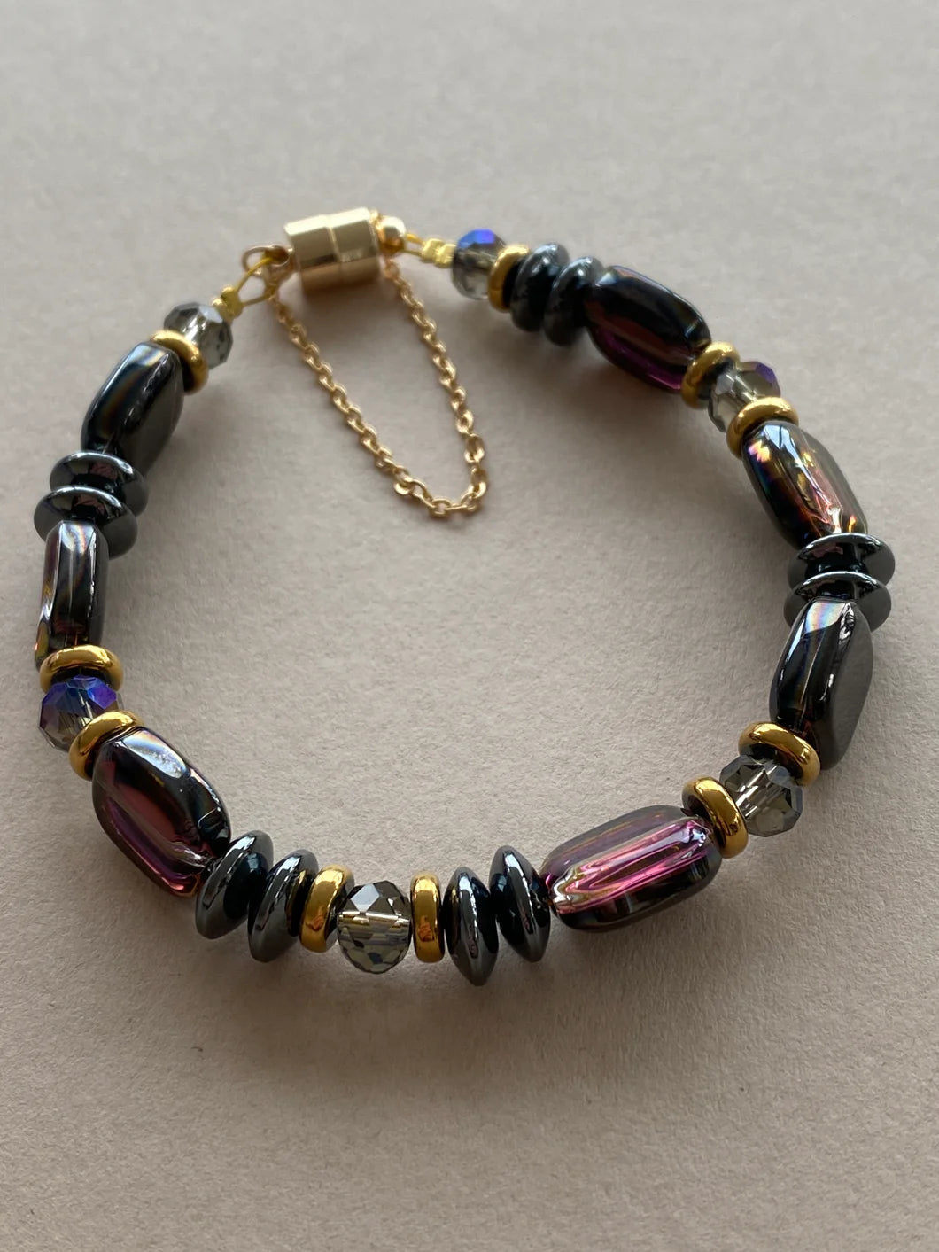 Hematite, Glass & Crystal Bracelet in Purple