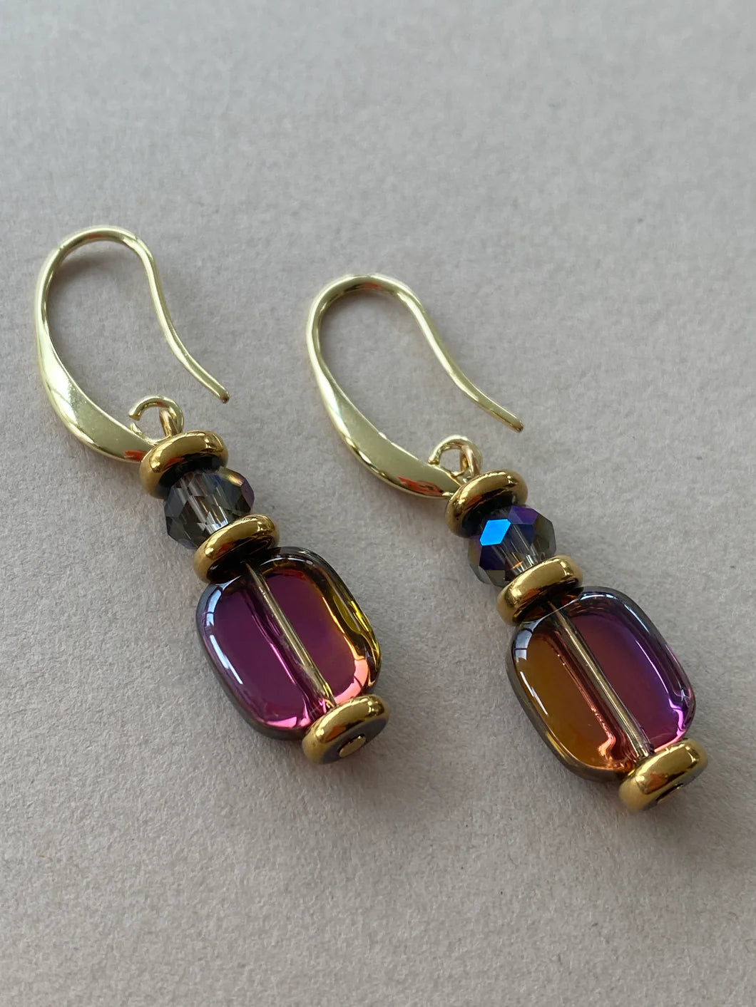 Hematite, Glass & Crystal Purple & Gunmetal Drop Earrings