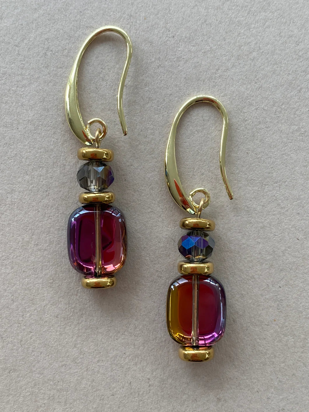 Hematite, Glass & Crystal Purple & Gunmetal Drop Earrings