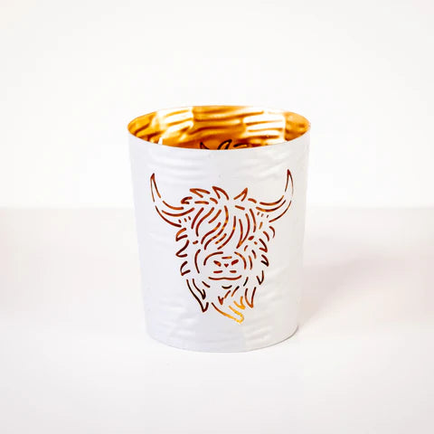 Highland Cow Head Votive Candle Holder white with gold interior