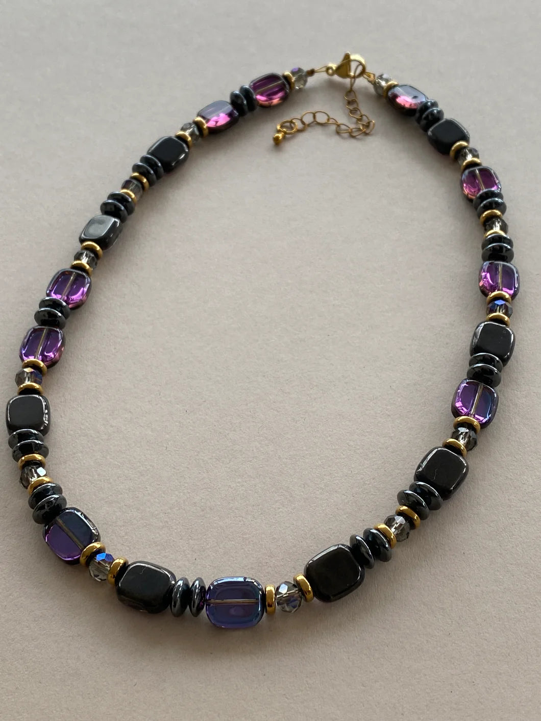 Hematite, Glass & Crystal Purple and Gunmetal Necklace