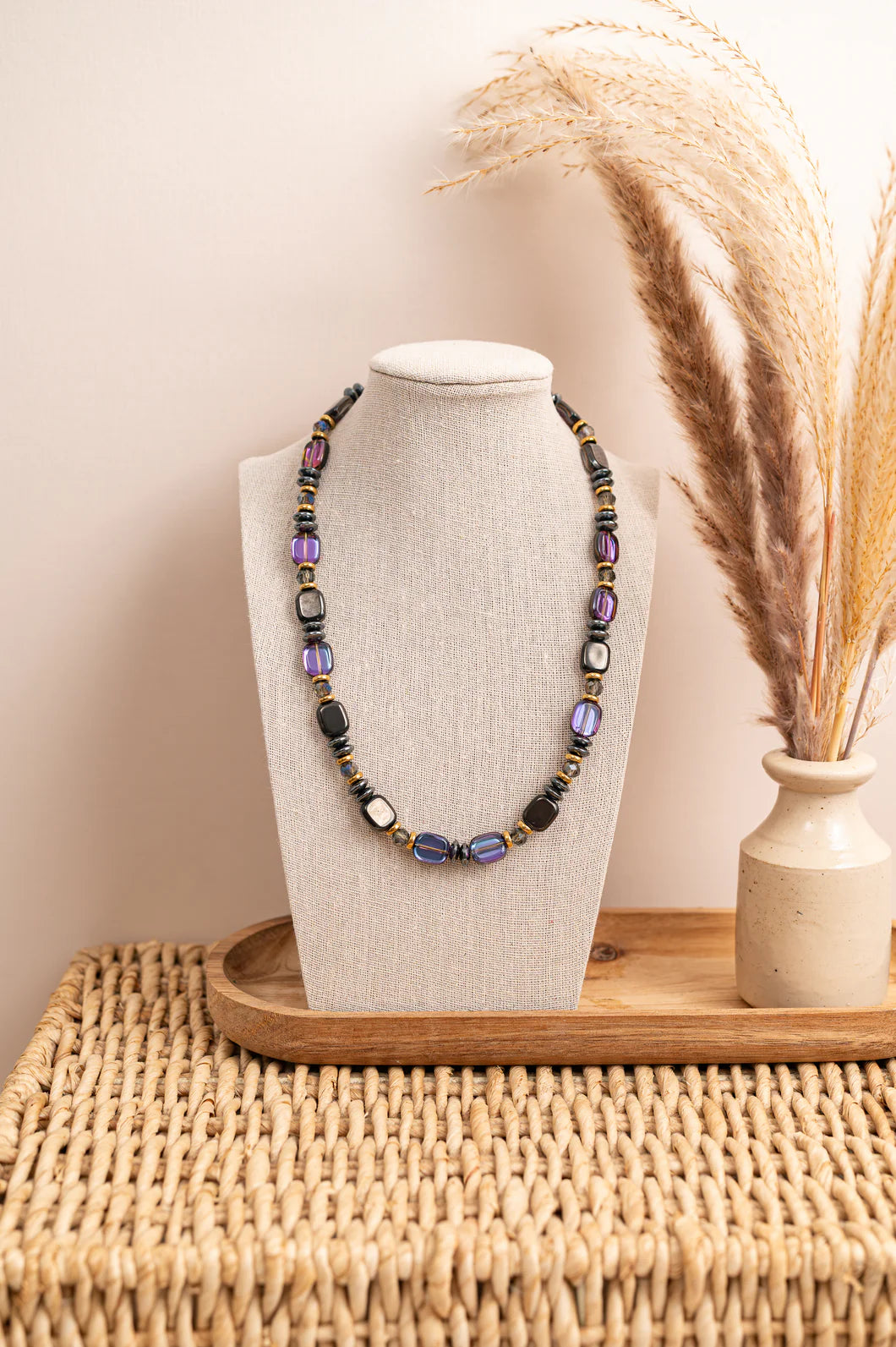 Hematite, Glass & Crystal Purple and Gunmetal Necklace