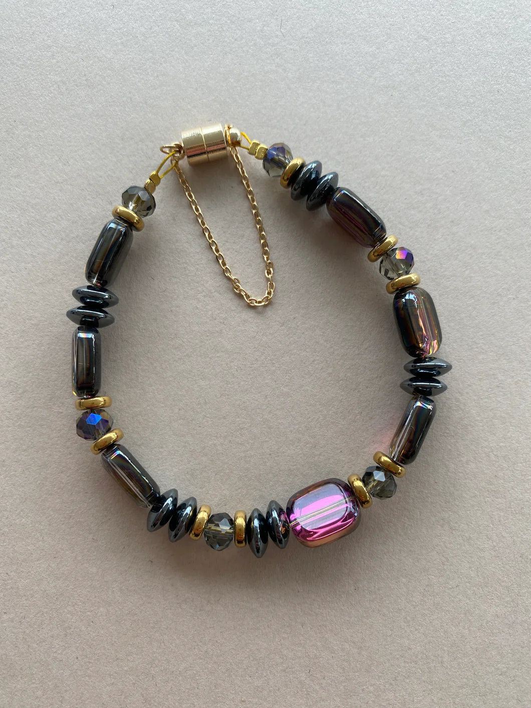 Hematite, Glass & Crystal Bracelet in Purple