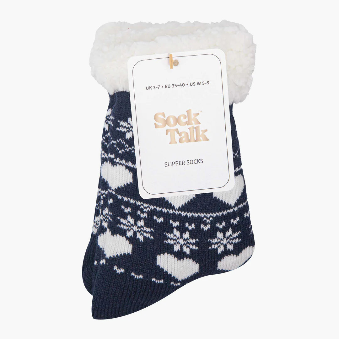 Ladies Navy Fair Isle Long Slipper Socks