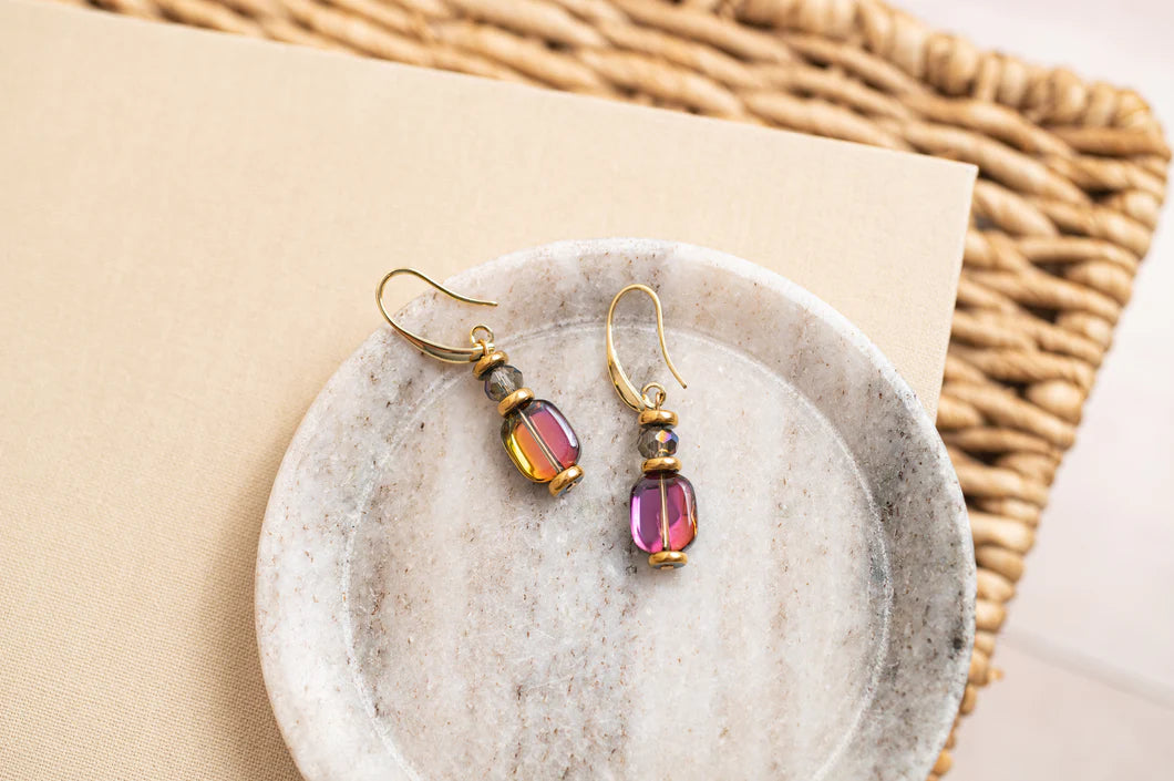 Hematite, Glass & Crystal Purple & Gunmetal Drop Earrings