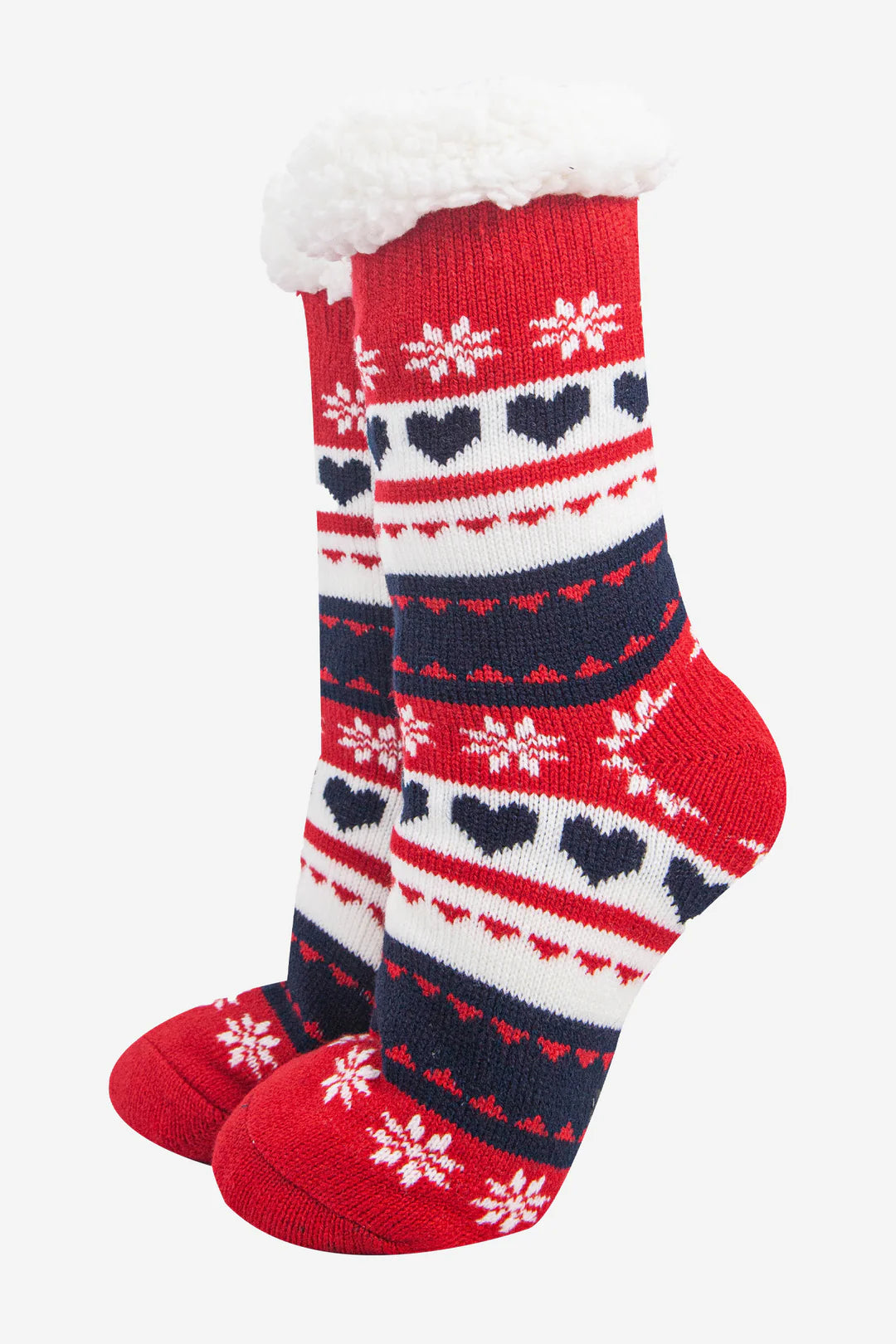 Ladies Navy/Red Fair Isle Long Slipper Socks