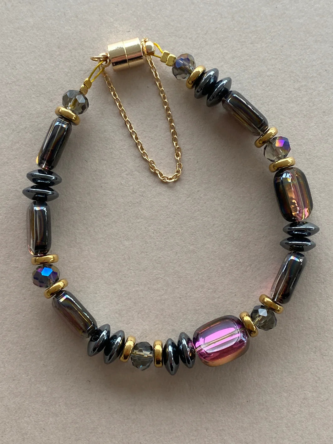 Hematite, Glass & Crystal Bracelet in Purple