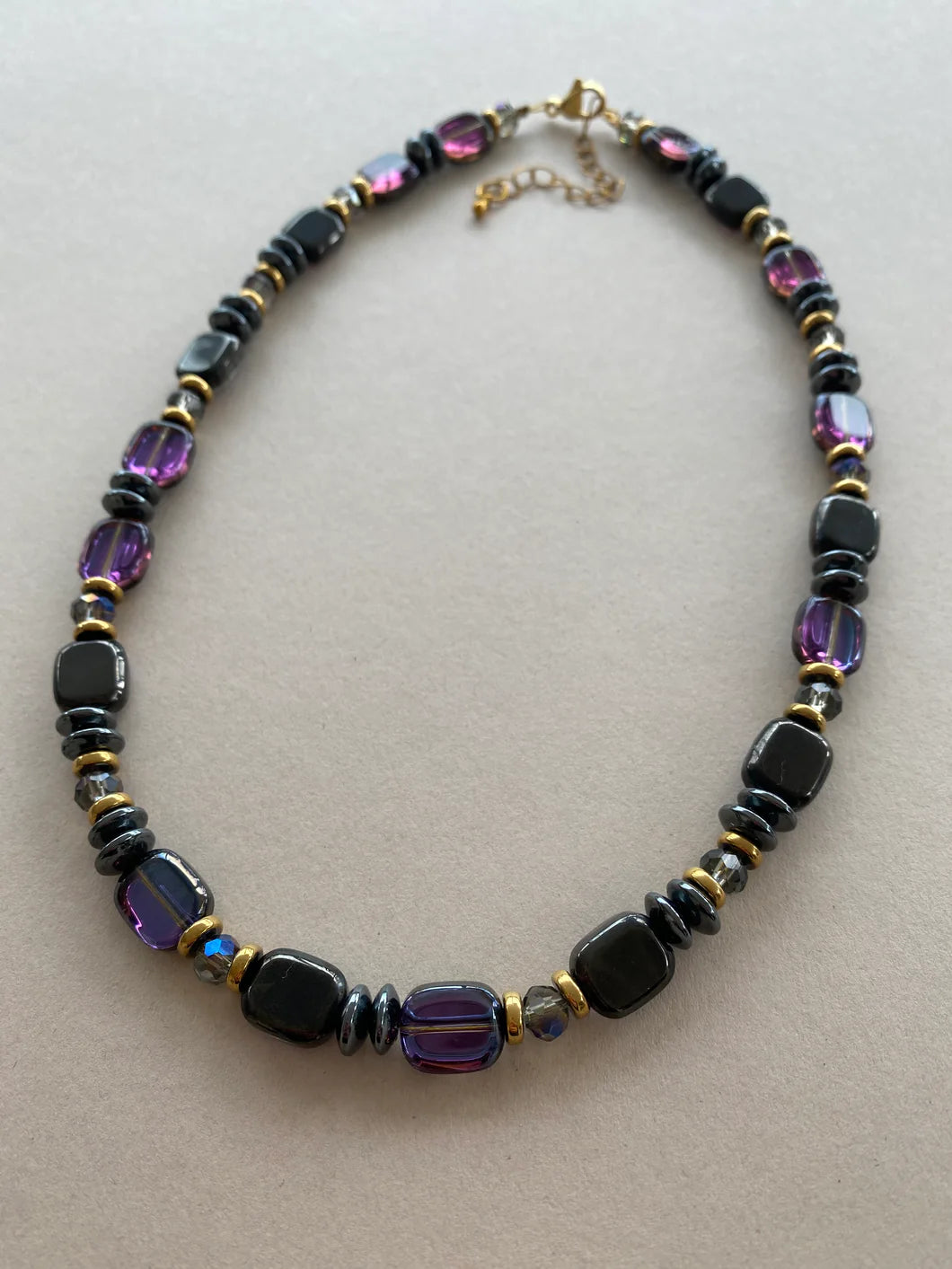Hematite, Glass & Crystal Purple and Gunmetal Necklace