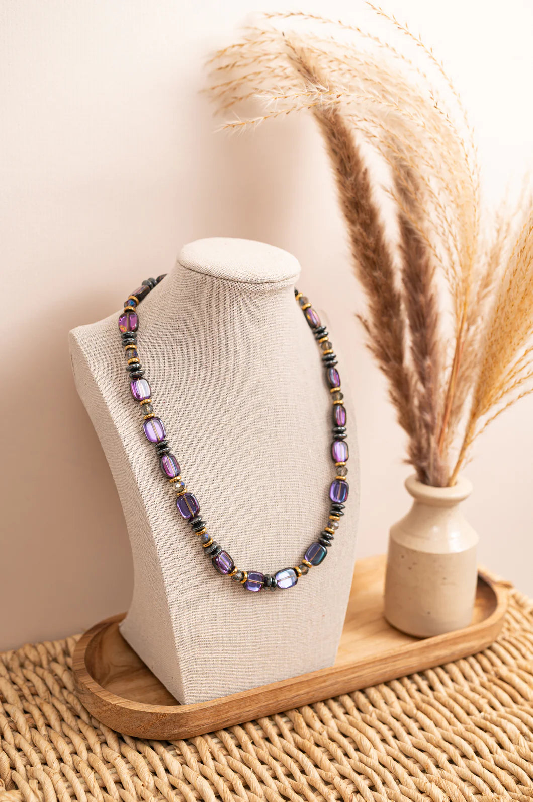 Hematite, Glass & Crystal Purple and Gunmetal Necklace