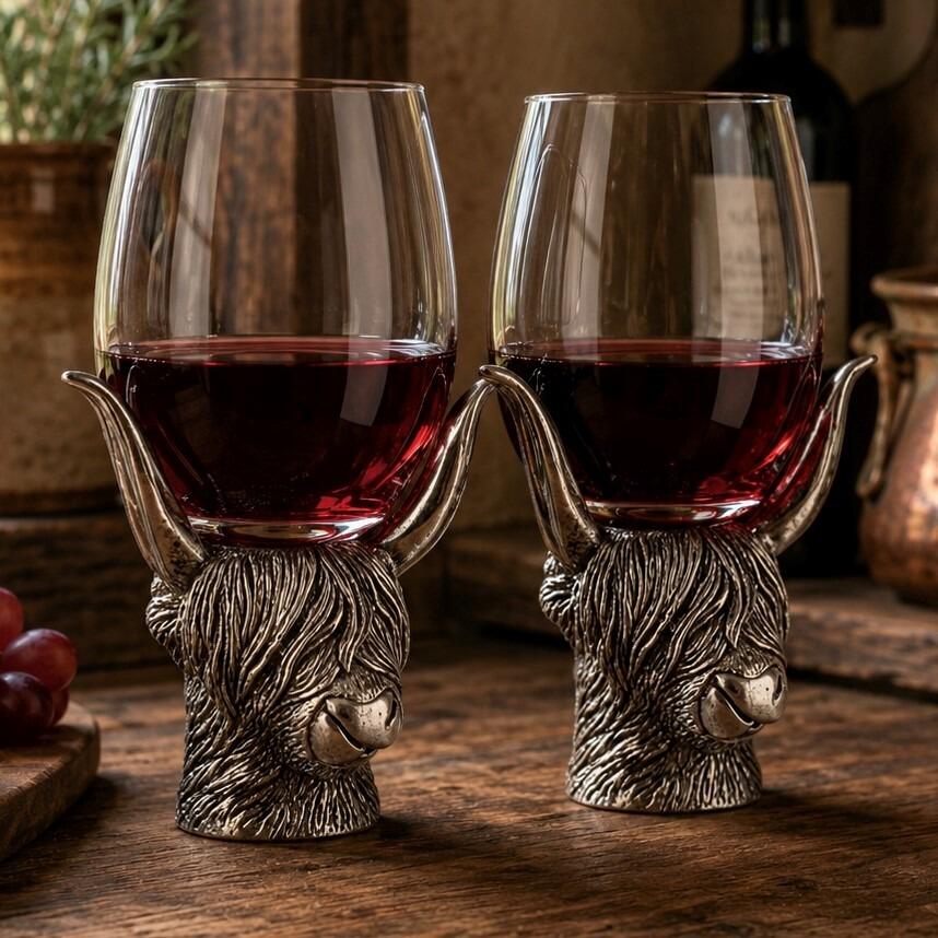 Pewter Highland Cow Stem Pair Of Wine Glasses