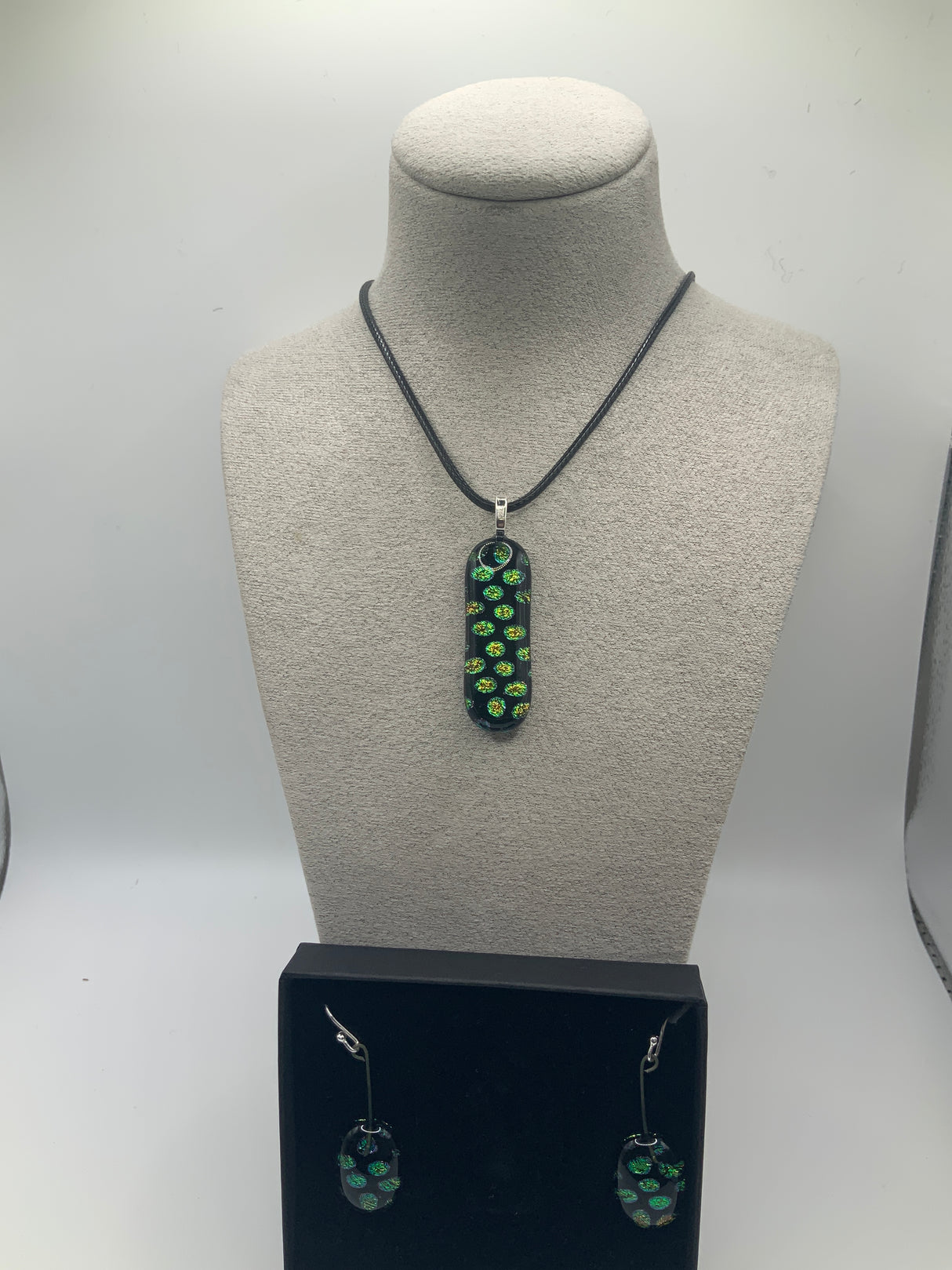 Small Rectangle Dichroic Pendant on Cord and Earring Set