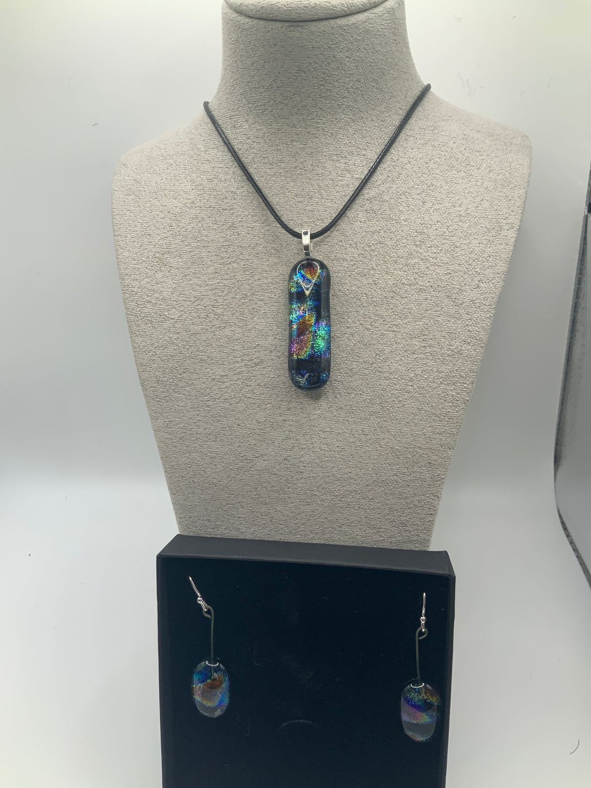 Small Rectangle Dichroic Pendant on Cord and Earring Set