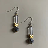 Glass, Gold Plated Hematite & Natural Black Silk Stone Drop Earrings