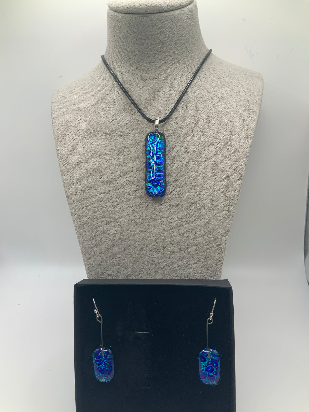 Small Rectangle Dichroic Pendant on Cord and Earring Set