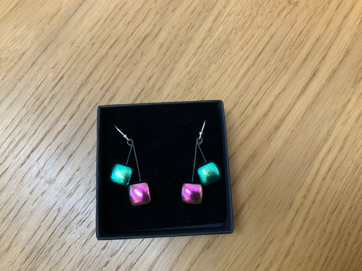 Small Square Duo Drop Dichroic Earrings