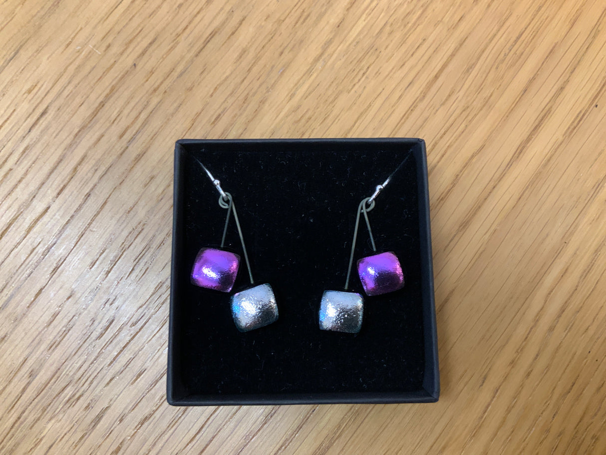 Small Square Duo Drop Dichroic Earrings