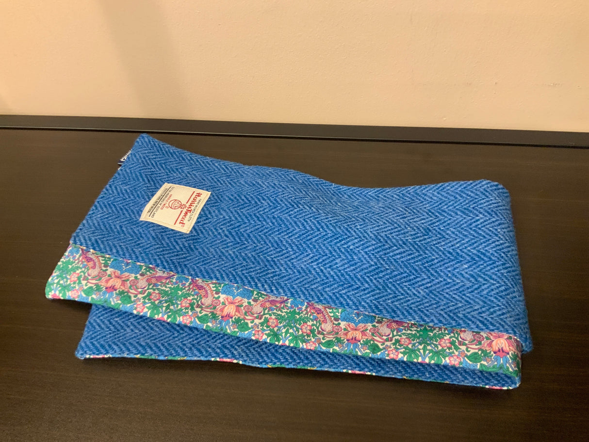 Cobalt Herringbone Harris Tweed Skinny Scarf With Strawberry Thief Back