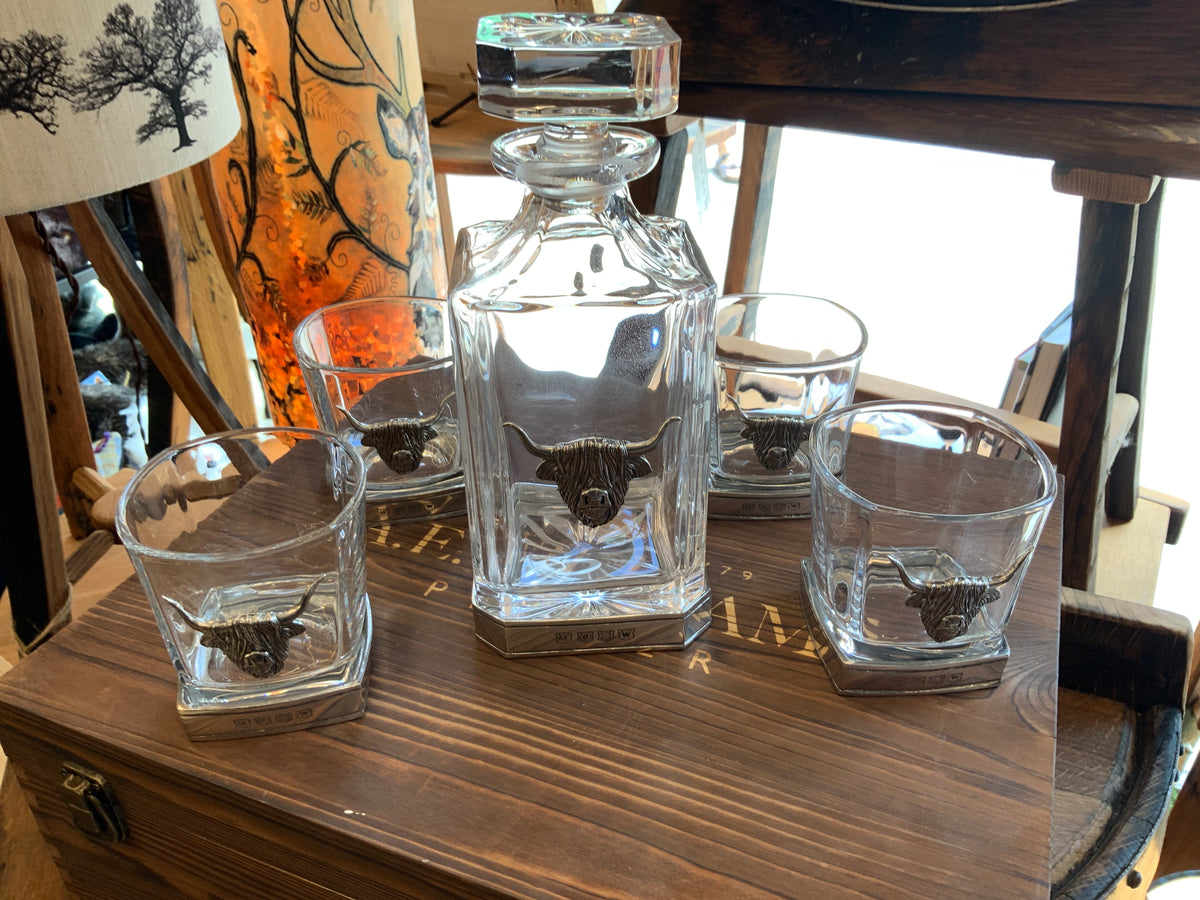 Pewter Highland Cow Whisky Decanter & Four Whisky Tumblers Box Set