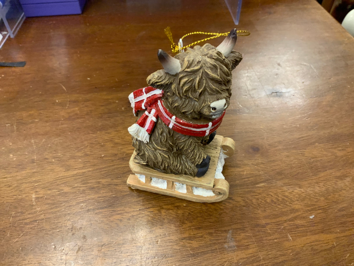 Highland Cow Sled Tree Decoration 9cm
