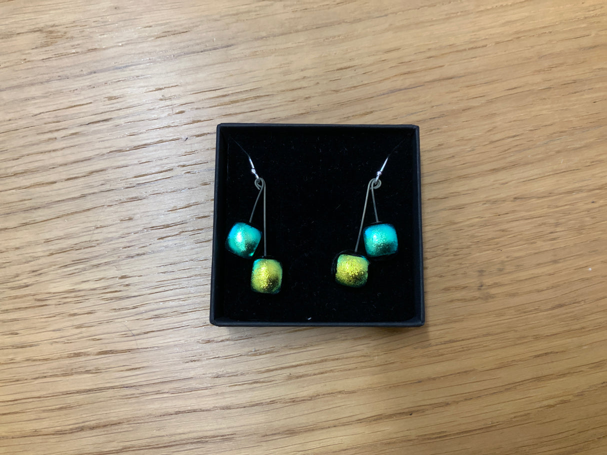 Small Square Duo Drop Dichroic Earrings