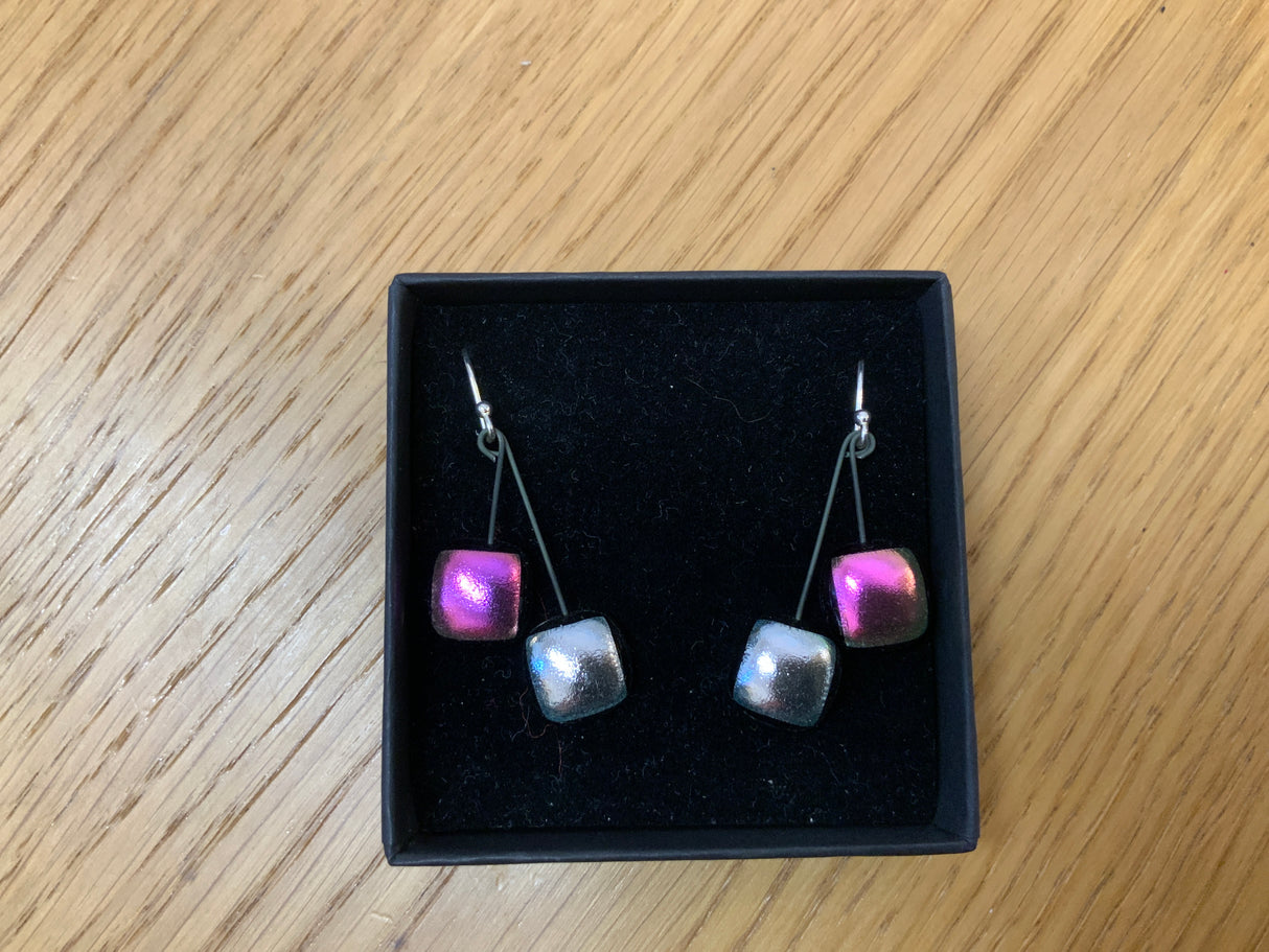 Small Square Duo Drop Dichroic Earrings