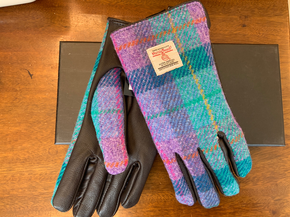 Harris Tweed Ladies Gloves with Brown Leather Green and Purple Tartan