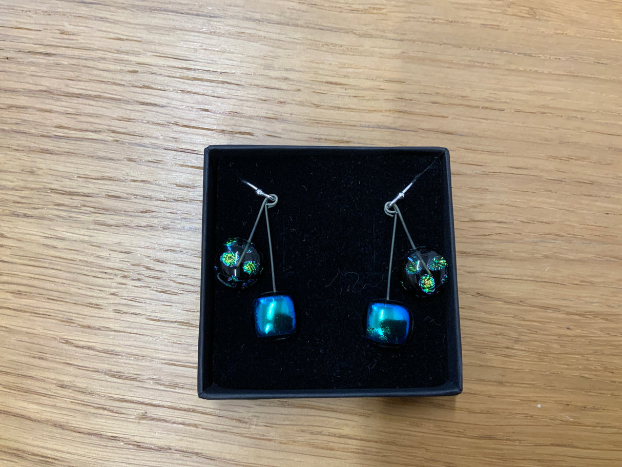 Small Square Duo Drop Dichroic Earrings