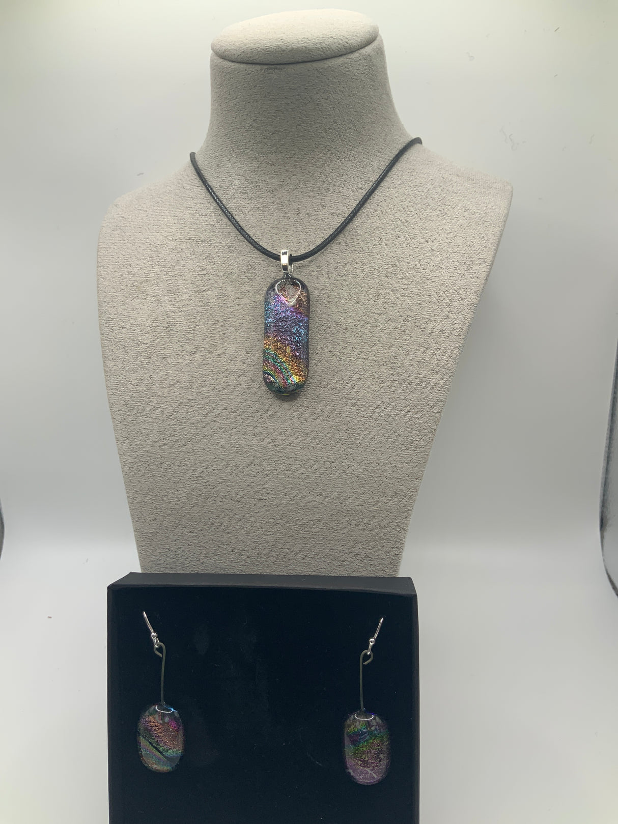 Small Rectangle Dichroic Pendant on Cord and Earring Set