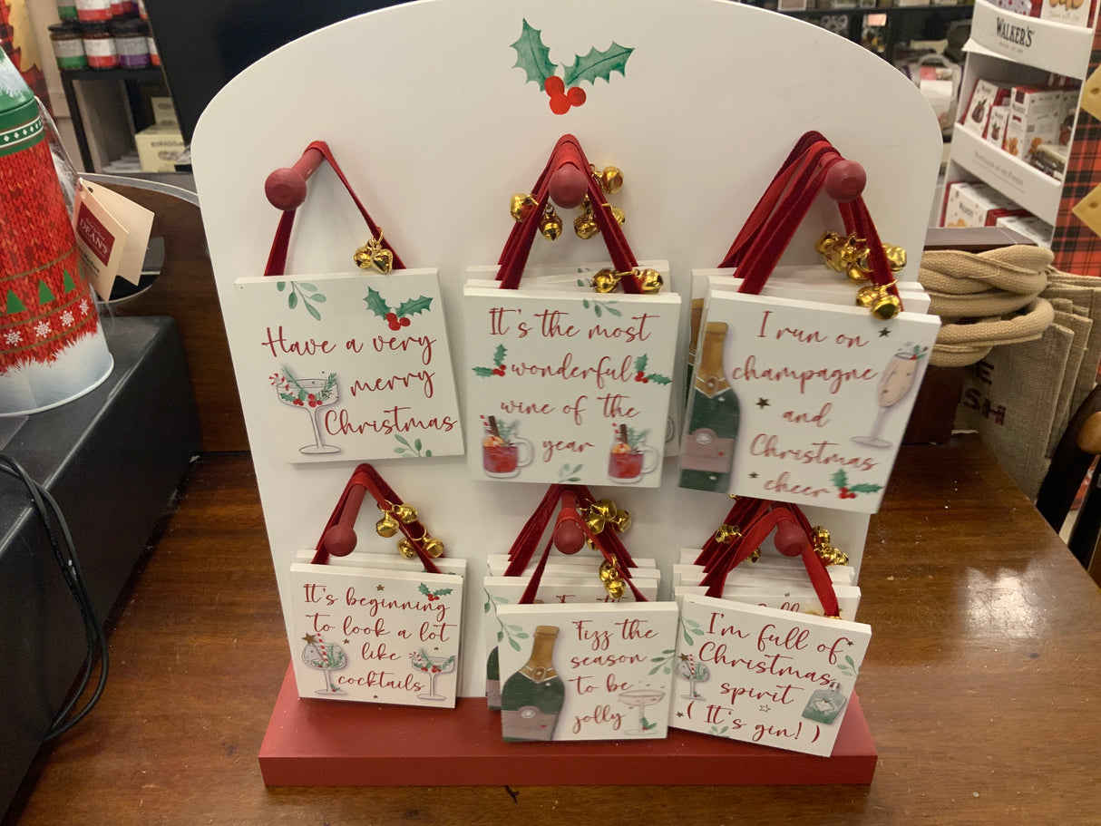 Merry & Cheer Wooden Hanger with Gold Bells Hanging Decoration