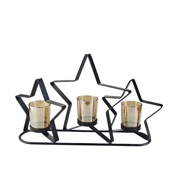 Triple Star Amber Glass Tealight Holder 38 x 22cm