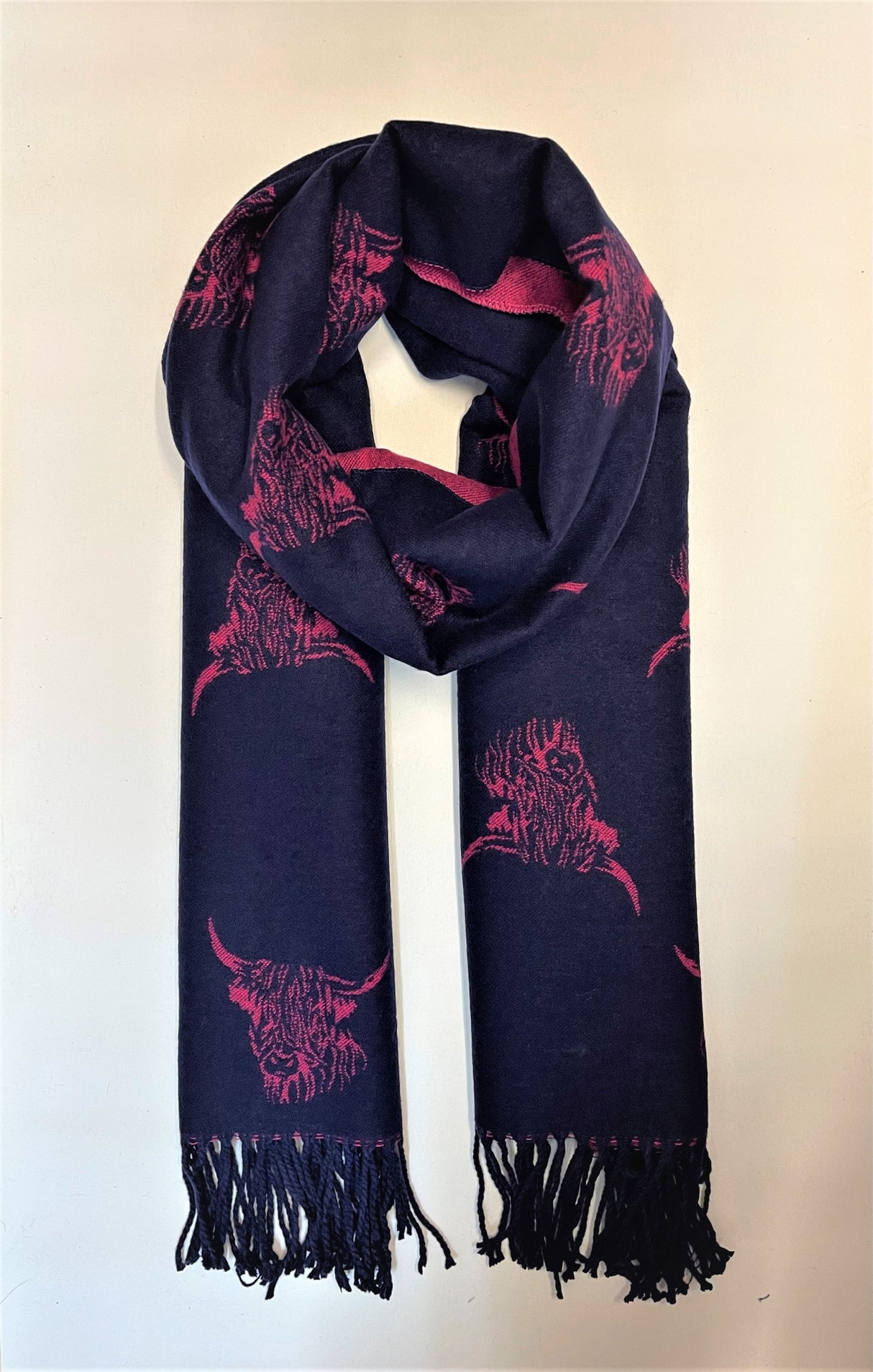 Navy / Fuchsia Cashmere Blend Reversible Highland Cow scarf