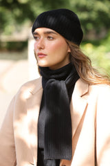 100% Cashmere Skinny Rib Scarf - Black