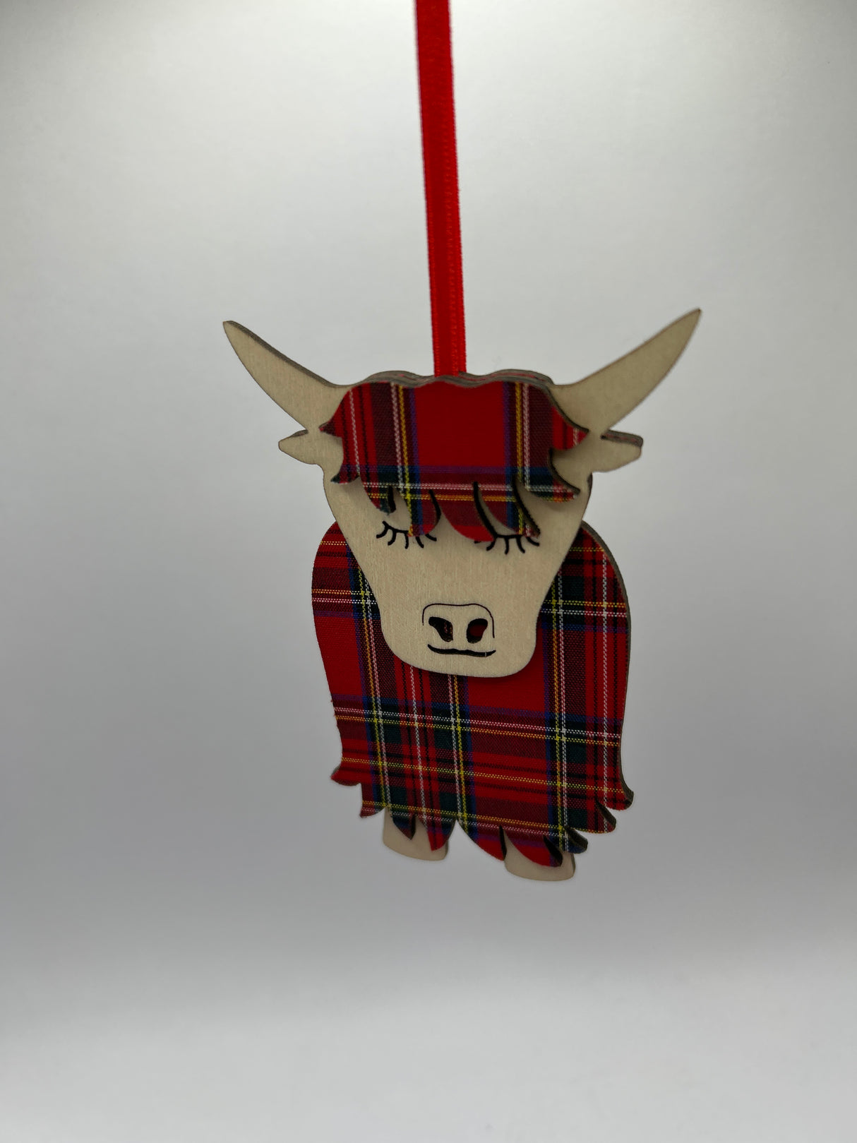 Morag the Highland Cow Hanging Decoration in Royal Check