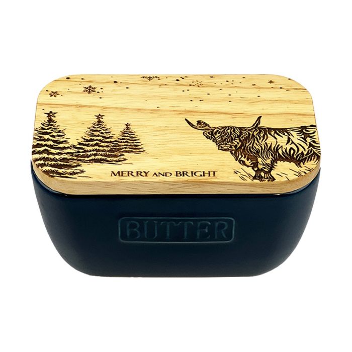 Merry and Bright Cow and Robin Navy Blue Butter Dish with Oak Lid