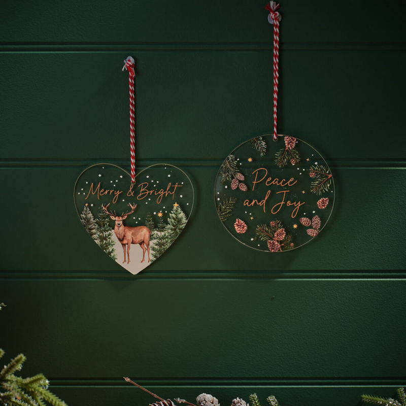 Evergreen Stag & Pinecone Printed Acrylic Heart Hanger