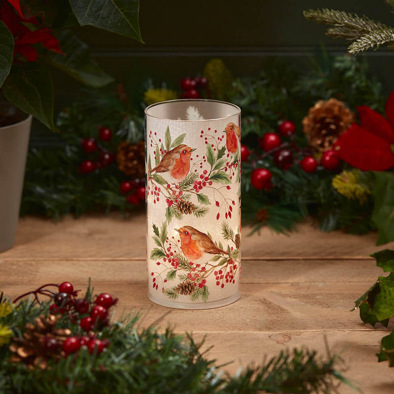 Festive Glass Robin with Foliage LED Light Ornament