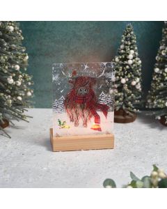 Christmas Highland Cow with Tartan Scarf Stained Glass Tealight Holder