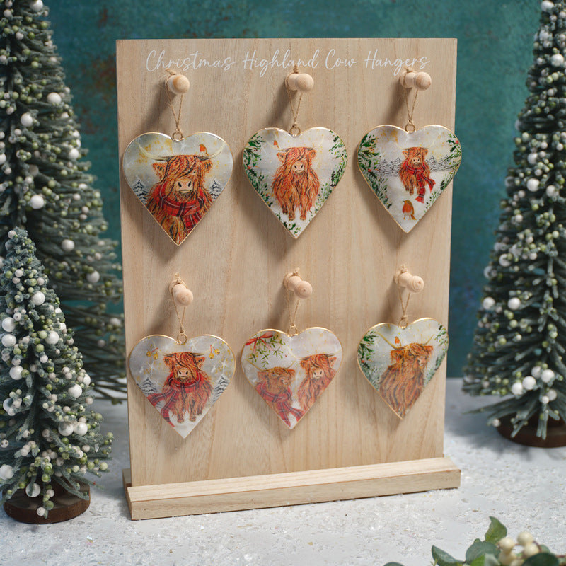 Christmas Highland Cow with Tartan Scarf Metal Heart Hanger