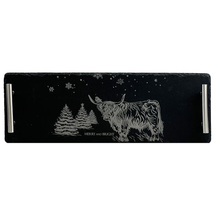 Merry and Bright Cow and Robin Small Slate Serving Tray (Gift Boxed)