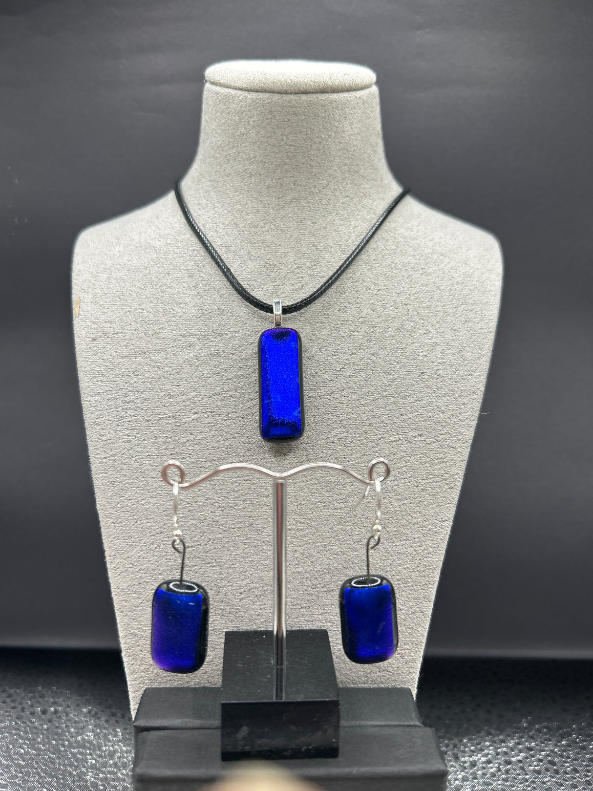 Small Rectangle Dichroic Pendant on Cord and Earring Set