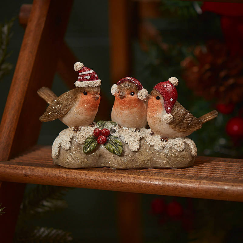 Festive Triple Robin Resin LED light Ornament