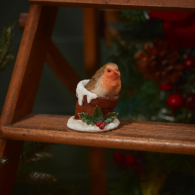 Festive Robin on Plant Pot Resin Ornament