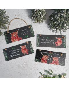 Christmas Highland Cow with Tartan Scarf & Foliage Slate Plaque