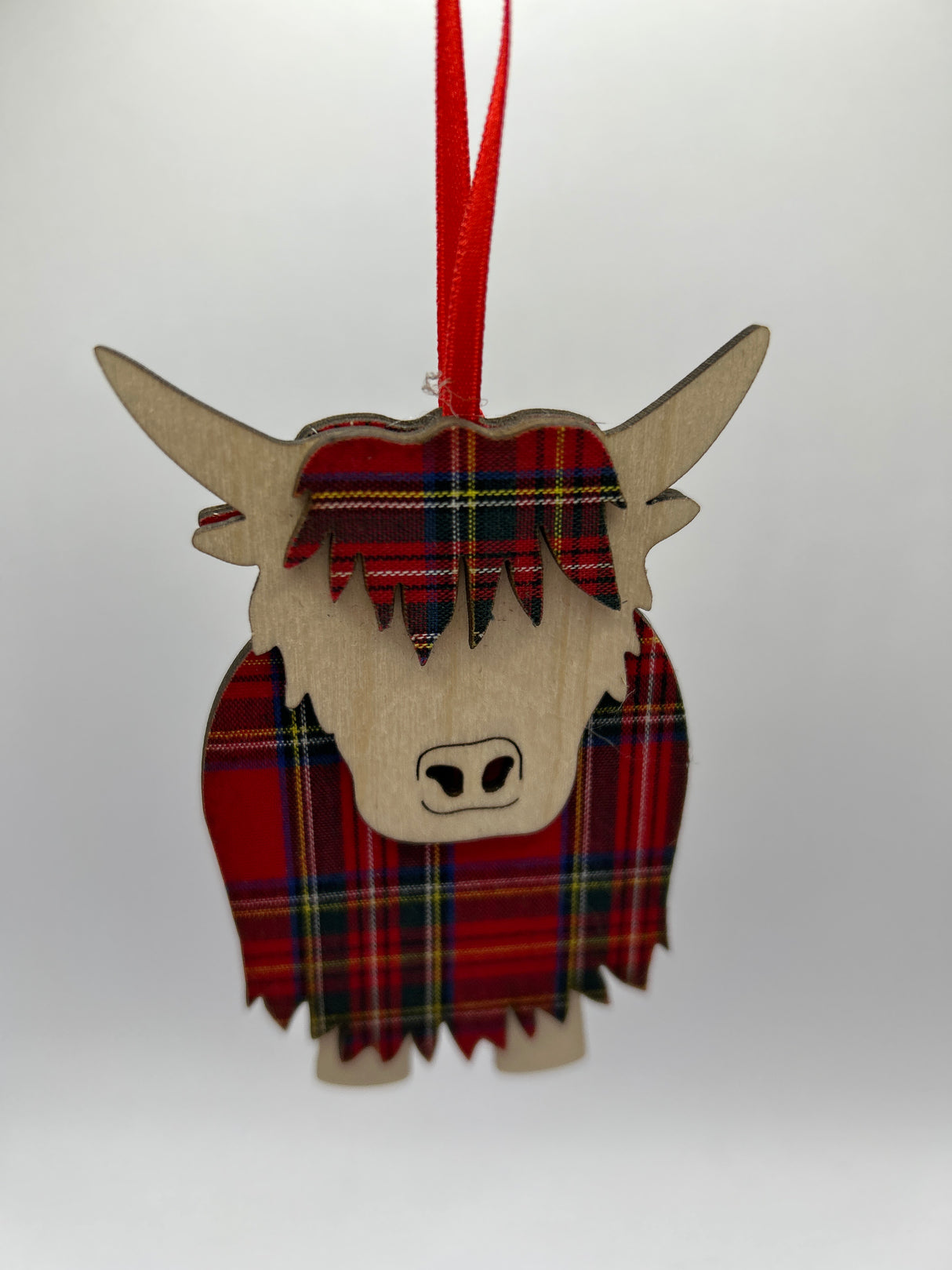 Hamish the Highland Cow Hanging Decoration in Royal Check