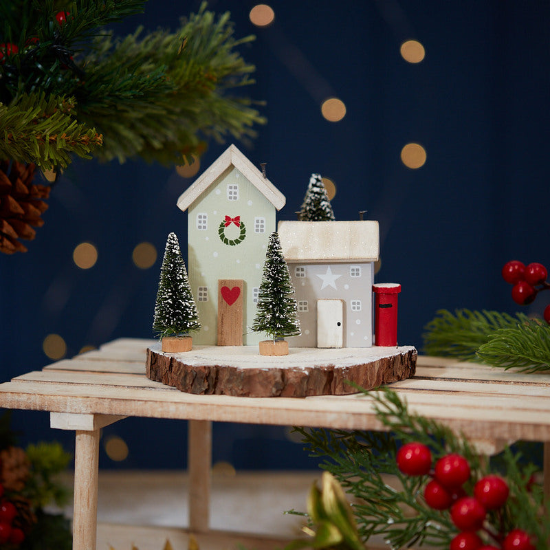 Home for Christmas Wooden Houses & Tree with Snow Ornament