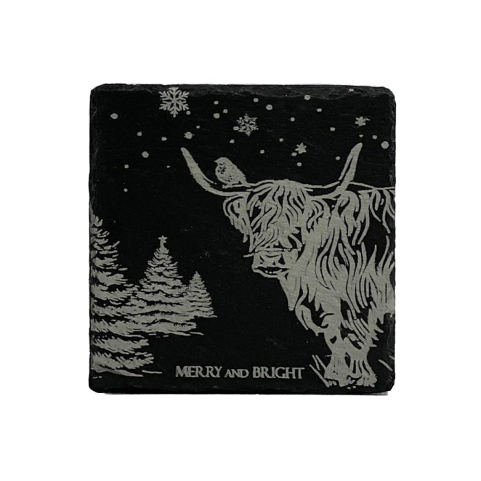 Merry and Bright Cow and Robin Slate Coaster