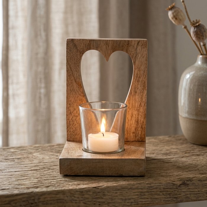 “Lurea” Mango Wood Heart Cut Out Windlight Candle Holder (15cm Tall)