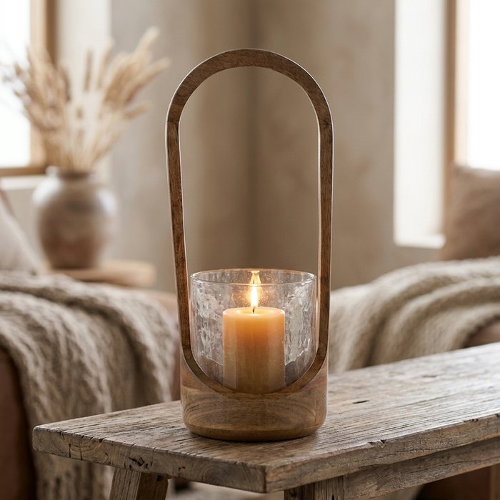 “Meola” Large Wooden Oval Glass Windlight Candle Holder (38cm Tall)