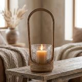 “Meola” Large Wooden Oval Glass Windlight Candle Holder (38cm Tall)